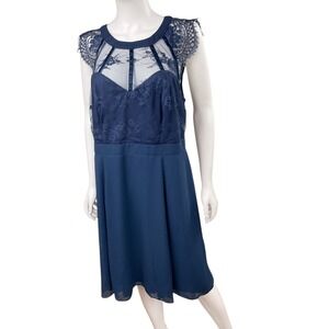 Liza Luxe Navy Blue Lace Illusion Midi Dress 1X